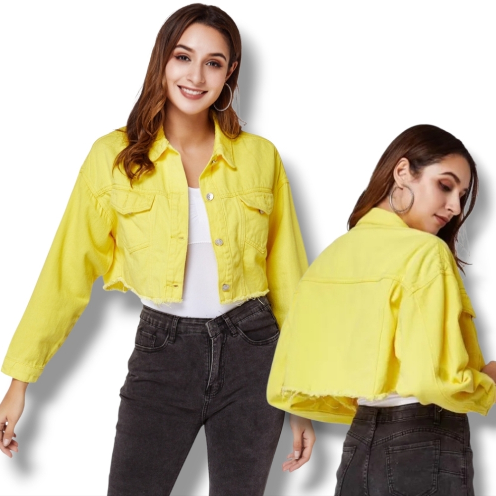 Women's Yellow Wash Denim Raw Hem Cropped Jeans Jacket